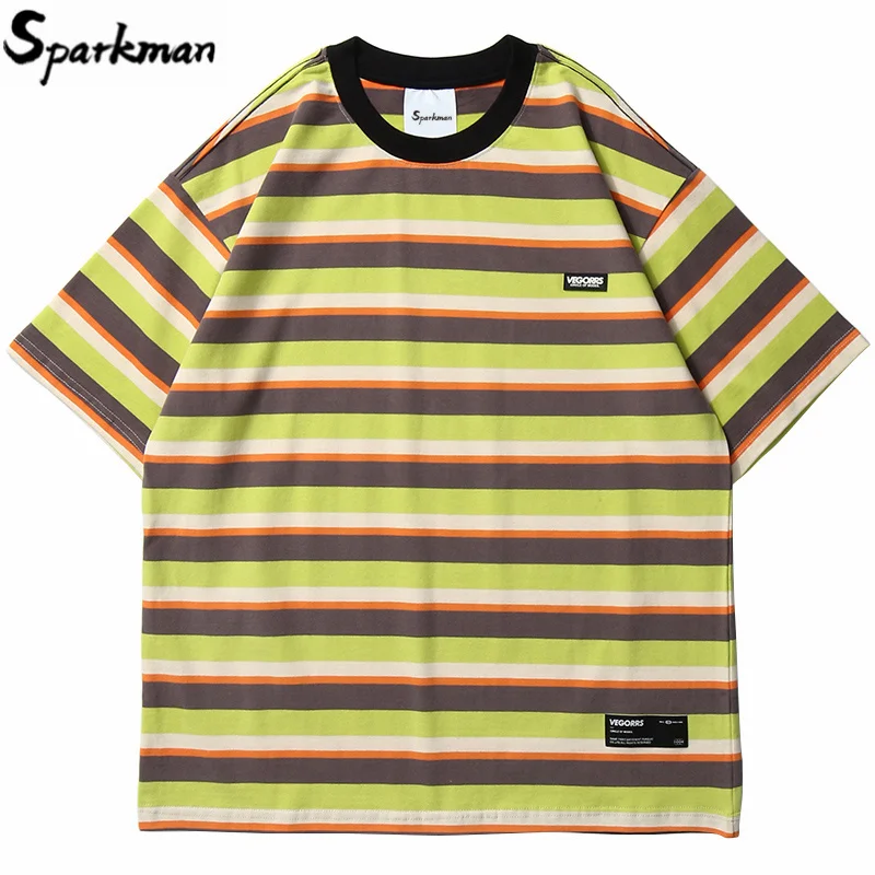 Hip Hop T Shirt Men 2020 Streetwear Harajuku Stripe Tshirt Short Sleeve Cotton HipHop T-Shirt Loose Fashion Tops Tees Green Blue | Мужская