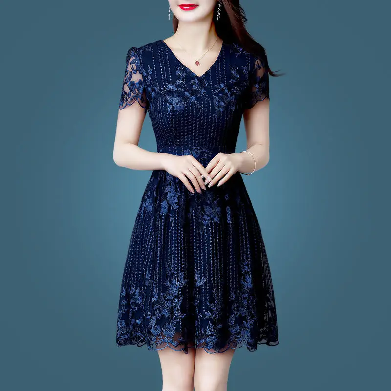 

Women's Spring Summer Style Dress Women's Solid Color Hollow Out Short Sleeve V-neck Korean Elegant Lace Dress SS1807