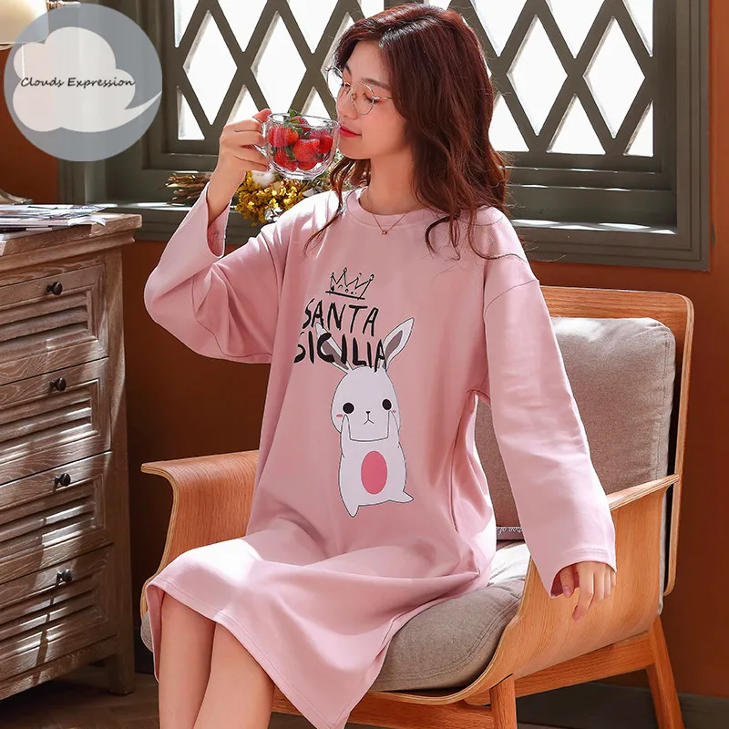 Женская трикотажная ночная рубашка хлопчатобумажная с круглым вырезом и