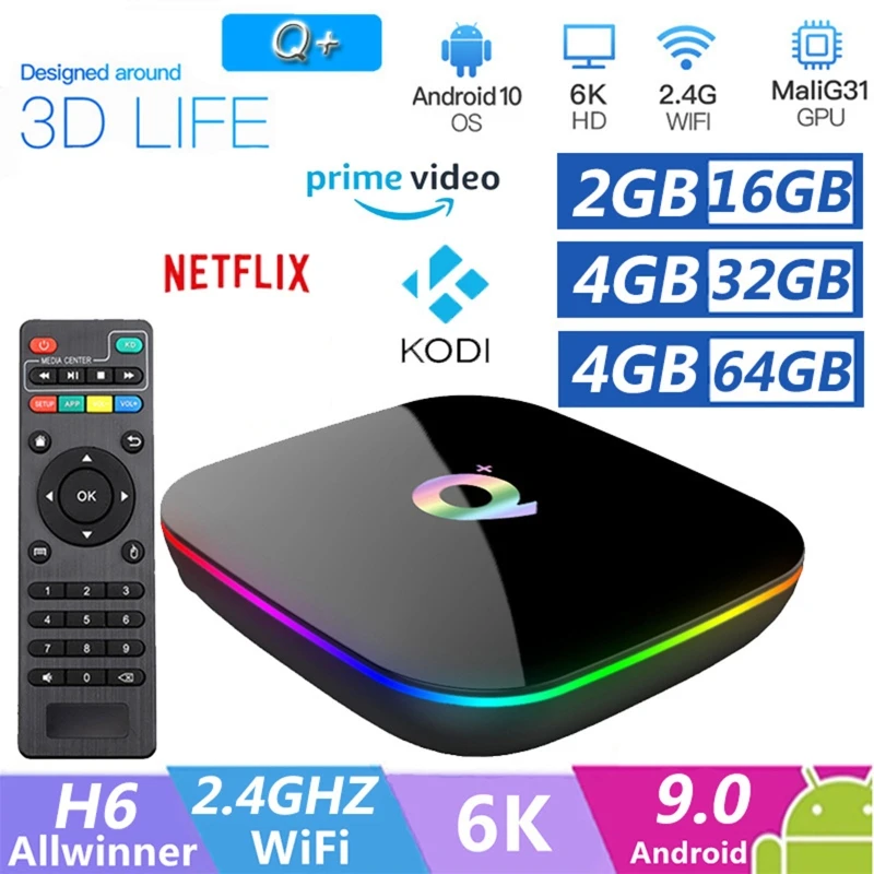 

Приставка Смарт-ТВ Q Plus, 4 + 32 ГБ, 4 ядра, H.265, USB 9,0, 2,4 ГГц, Wi-Fi