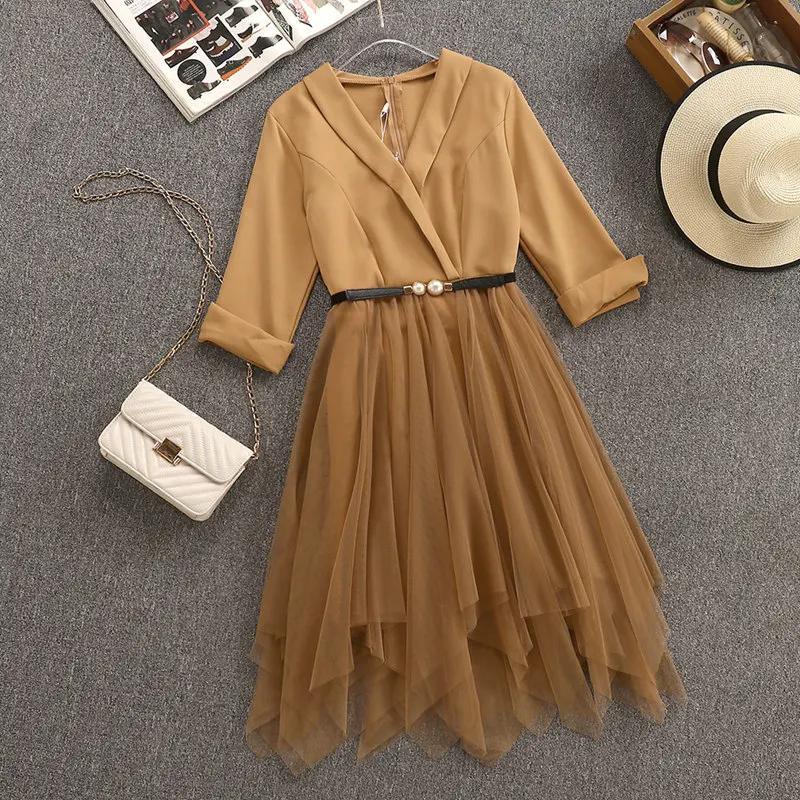 Женское осеннее элегантное платье 2019 года с v образным вырезом рукавом 3/4