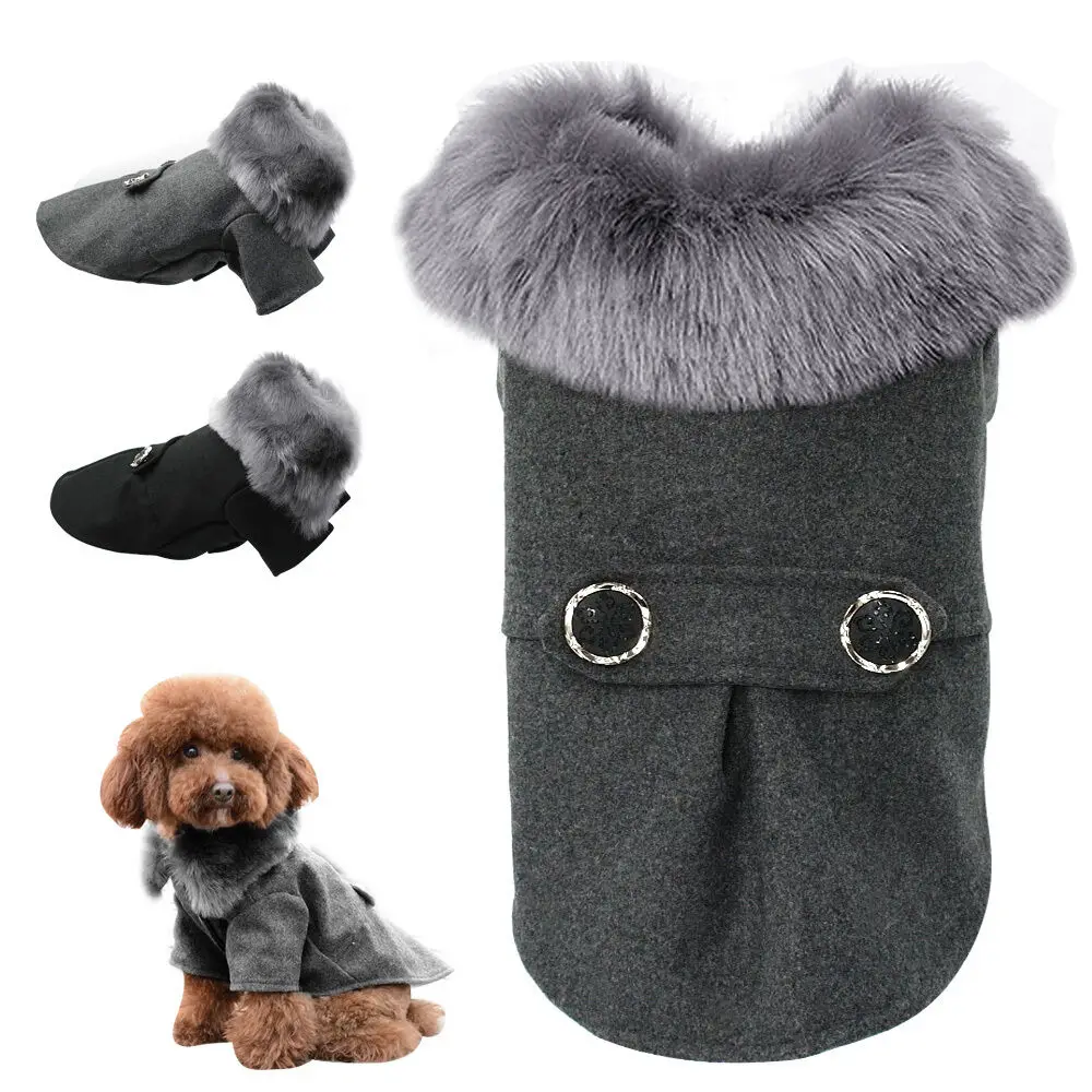 

Elegant Dog Woolen Coat Fur Collar Puppy Pet Clothes Winter Warm Jacket 5 Sizes Fashion Outfits for Small Medium Pet Chihuahua