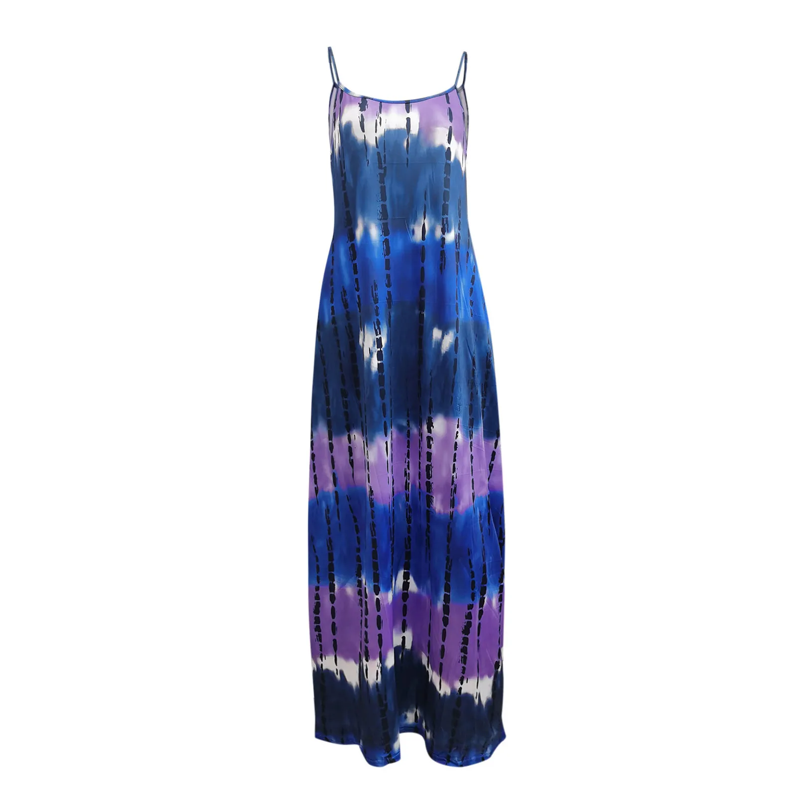 

40# Tie-dyed Print Long Dress Sleeveless Strap Dresses For Woman Loose Plus Size Procket Dress Low Cut Dress Women Robe Femme