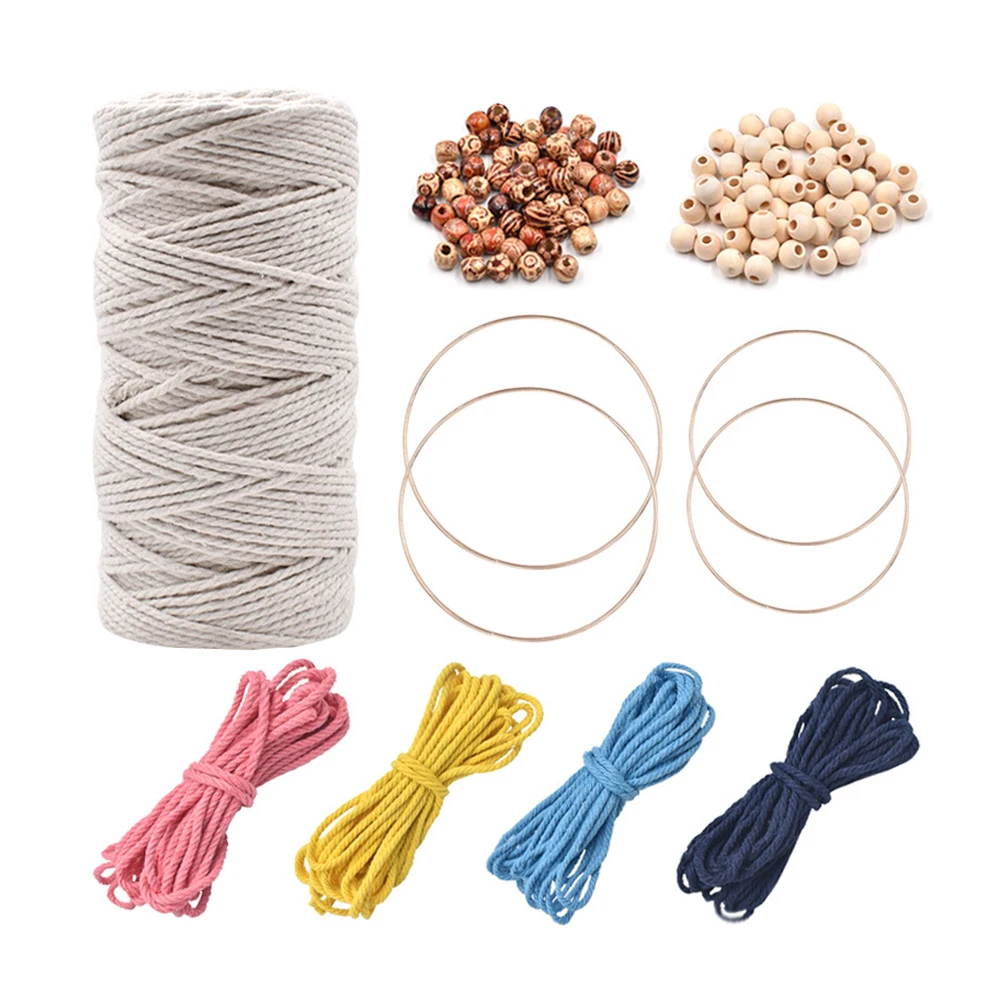 

Macrame Rope Twisted String Natural Ccotton Cord Macrame Cord 3mm 100m 109pcs DIY Woven Dream Catcher Materials With Wood Ring