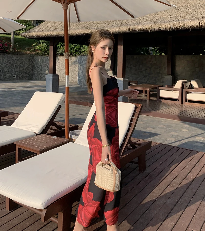 

Vintage Sexy Backless Spaghetti Strap Beach Dress Women Floral Printed Slim Party Club Strap Backless Holiday Bodycon Dress