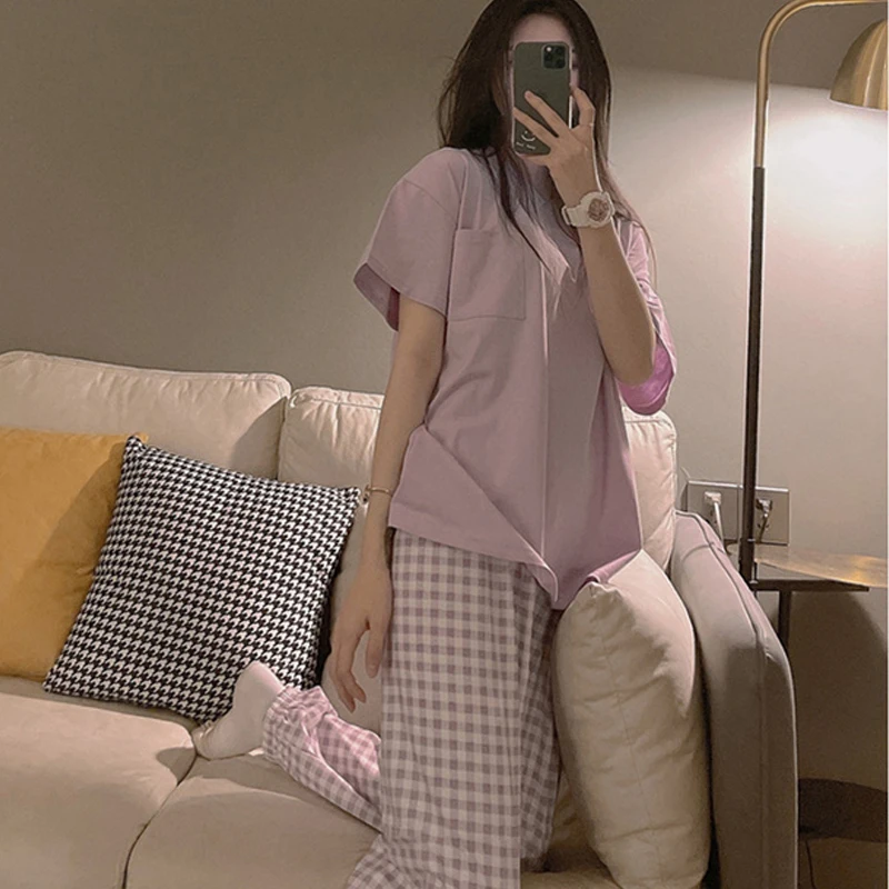 QWEEK Sleep Top and Plaid Pants Pajamas Girls Women Spring Summer 2021 Pyjamas  Short Sleeve Pijamas Round Neck Nightwear Sets