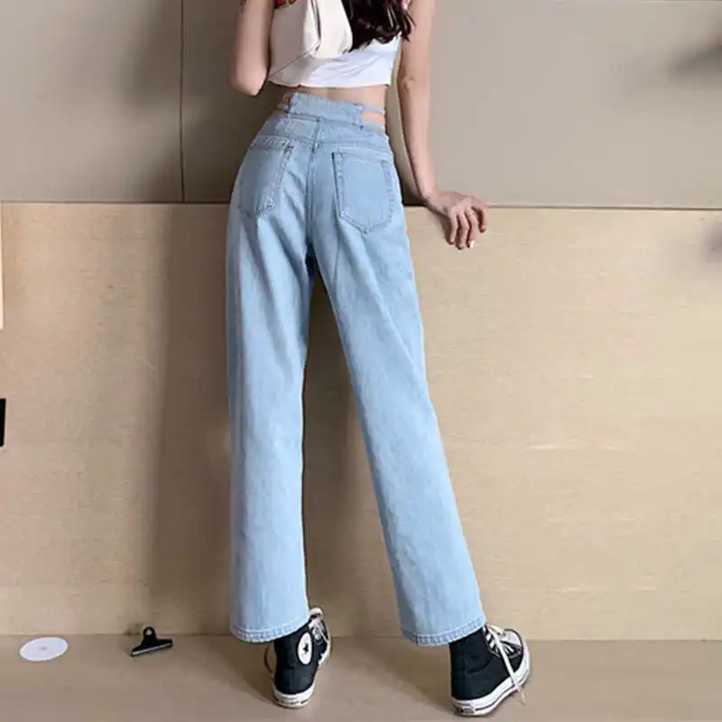 

Hollow Women's Jeans 2021 Spring Autumn New High-waisted Light-Colored Fashion Straight Wide-leg Pants Trousers Lady Clothing
