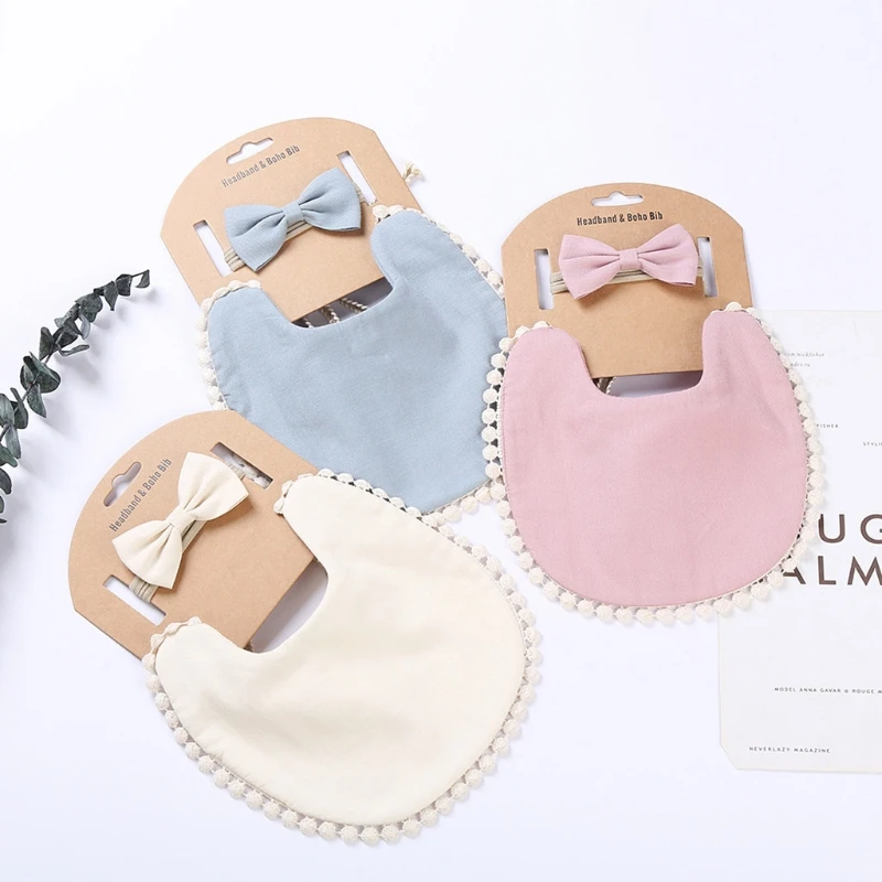 

B2EB Baby Feeding Tassel Bib Bowknot Hair Band Set Saliva Towel Elastic Bow Headband