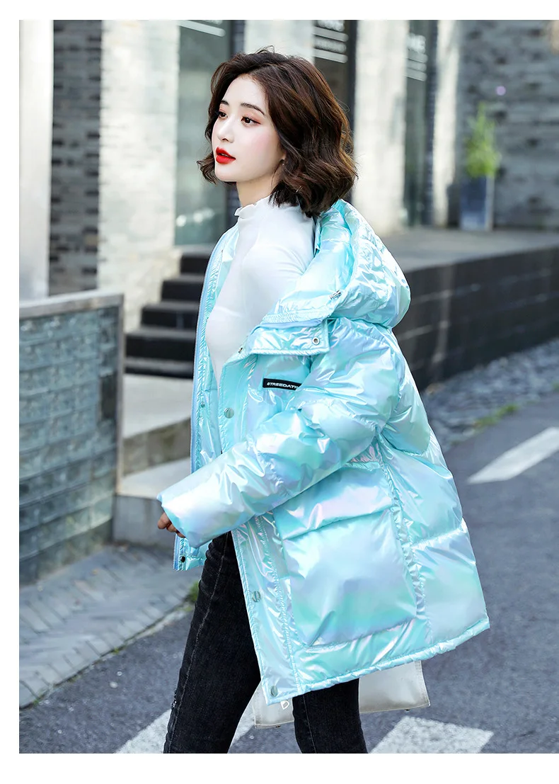 Glossy Down Cotton Jacket Blue Female Fashion Winter Sequin Parkas Bread Service Coat Lady Korean Hooded Snow Cotton Coat