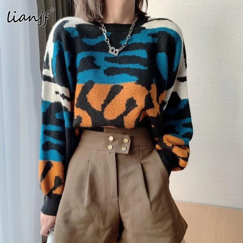 

Винтажные леопардовые пуловеры в стиле пэчворк, свитер в стиле Харадзюку, сексуальный укороченный топ с круглым вырезом и длинным рукавом д...