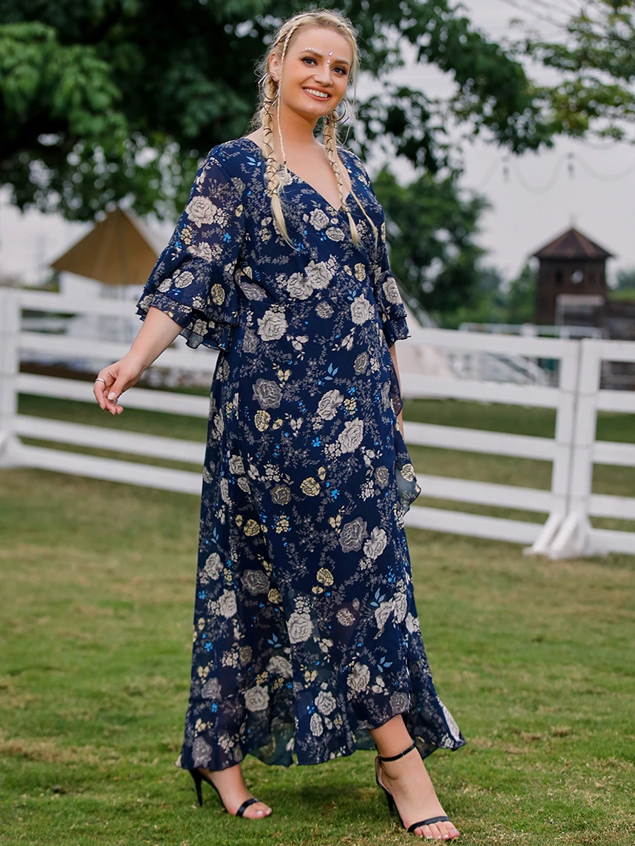 

Plus Size Women Dress plus size bridesmaid dress 2021 V Neck Ruffles Sleeve Floral Print Ruffles Boho Beach Dress Wrap Dresses