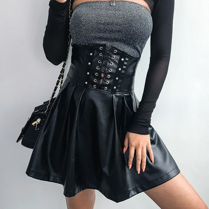 

Women's Skirts Gothic Harajuku Bandage Faux Leather Korean Fashion Black Mini Pleated Skirts 2021 Summer Party Pu Saias