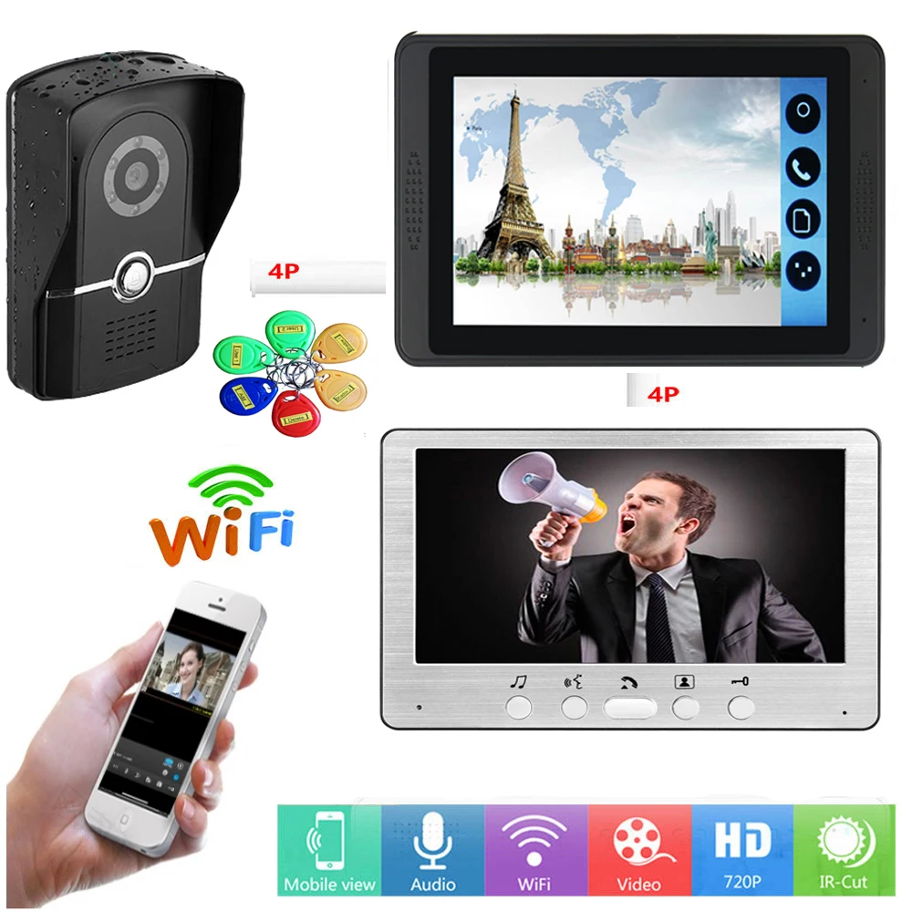 RFID разблокировать видео домофон 7 дюймов ЖК дисплей Wi Fi Беспроводной телефон