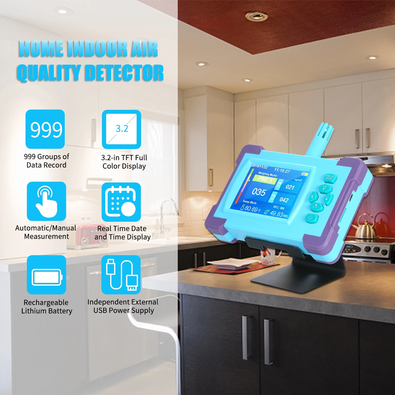 PM1.0/PM2.5/PM10 Home Air Quality Monitor Digital Gas Analyzer Rechargeable Battery Portable High-precision Sensor Detector | Инструменты