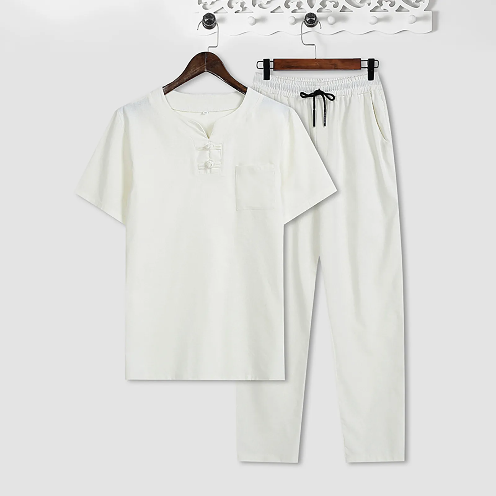 

Мужская Однотонная футболка из хлопка и льна в стиле ретро с коротким рукавом и круглым вырезом, топ, свободные длинные брюки, мужской костю...