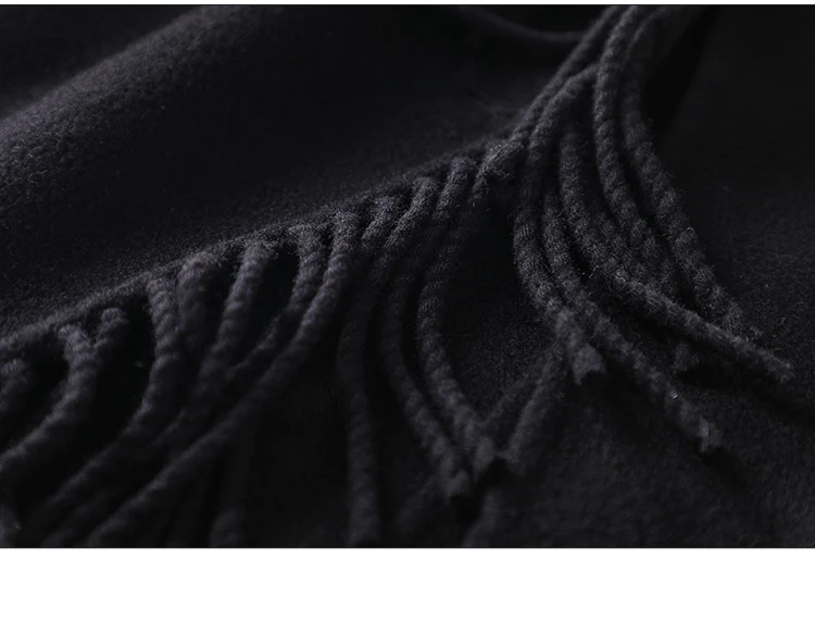 

Solid Black Tassel Wool Coat Double Breasted Turn-down Collar Women Coats Autumn Winter High Street