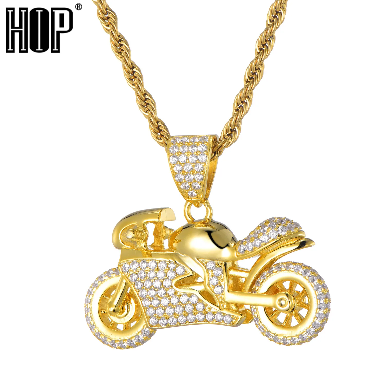 

Motorcycle Gold Necklace & Pendant Tennis Chain Gold AAA Cubic Zirconia Hip hop Rock Jewelry
