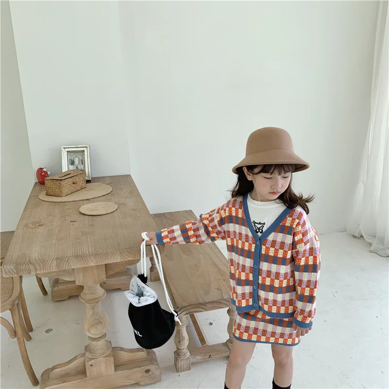 

2PCS Set Toddler Infant Girls Sweater Suit Plaid Knitted Coat+ Skirt Winter Children's Clothing Multicolor Kids Cardigan Suit