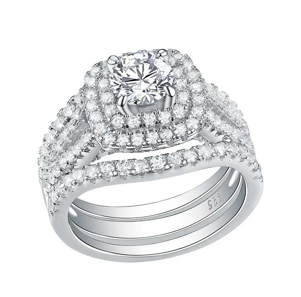Newshe 3 шт. 925 пробы серебряные обручальные кольца для женщин 2 Ct AAA CZ Синие боковые камни классические ювелирные изделия обручальное кольцо набор