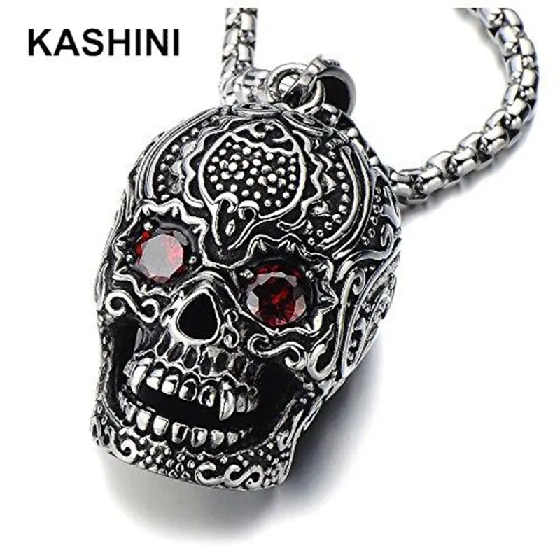 

Stainless Steel Large Sugar Skull Pendant Necklace for Man with Red Cubic Zirconia with 30 in Wheat Chain