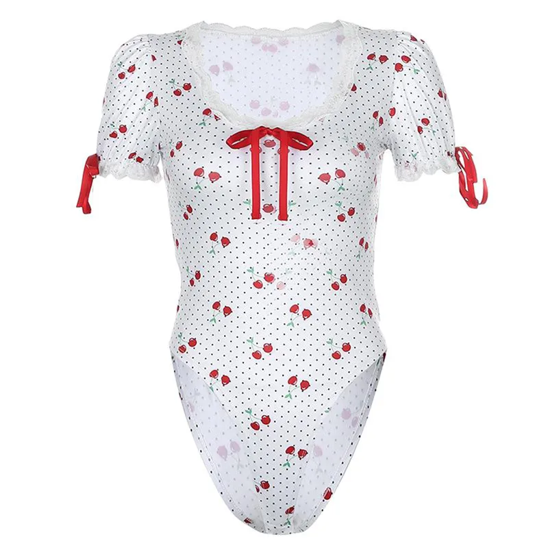 Women Summer Bodysuit Tops, Cherry Dot Print O-Neck Short Sleeves High Waist Playsuit with Crotch Button for Girls