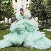 mint green tulle tiered prom dresses 2021 summer puffy ruffles cap sleeves evening gowns girls celebrity pageant gowns