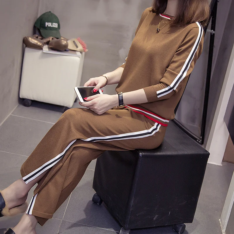 Женский спортивный костюм большого размера плюс вязаный свитер + штаны комплект