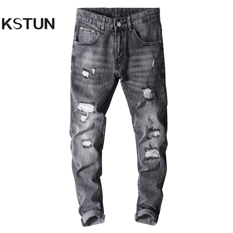 Ripped Jeans Men Skinny Slim Fit Gray Stretch Streetwear Hip Hop Distressed Jeans Male Denim Trousers Patched Frayed Punk Jeans