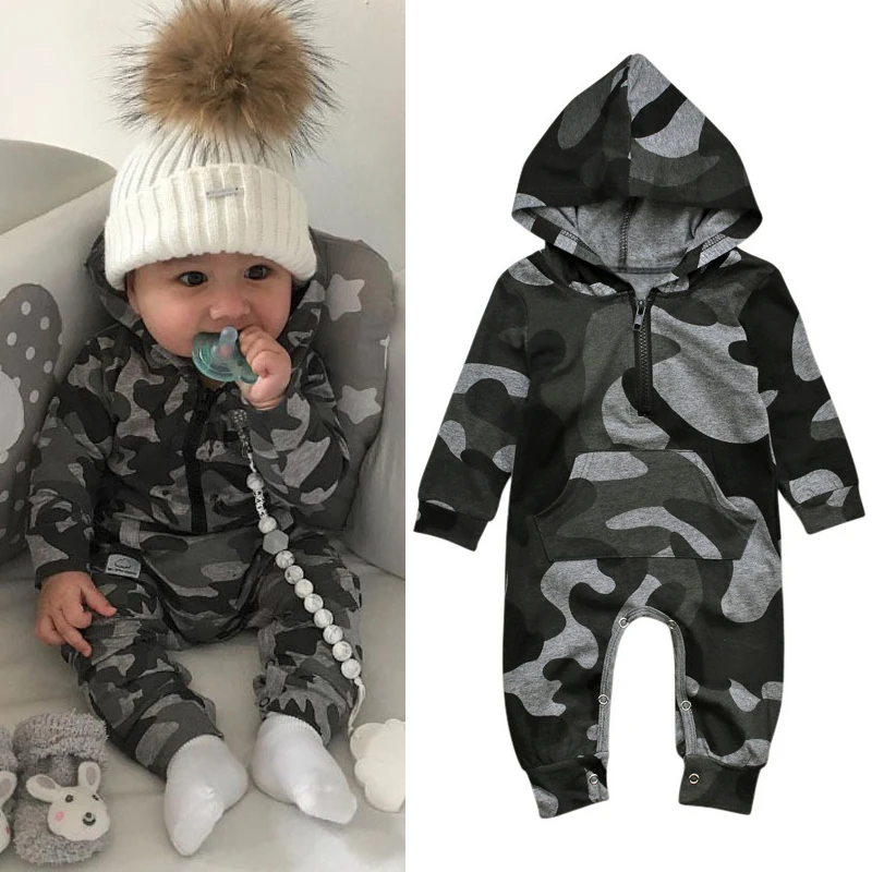 Autumn New Baby Boy Camouflage Romper Newborn Clothes Boys Camo Hooded Rompers Outfit Boys Clothing Long Sleeve Warm Jumpsuit