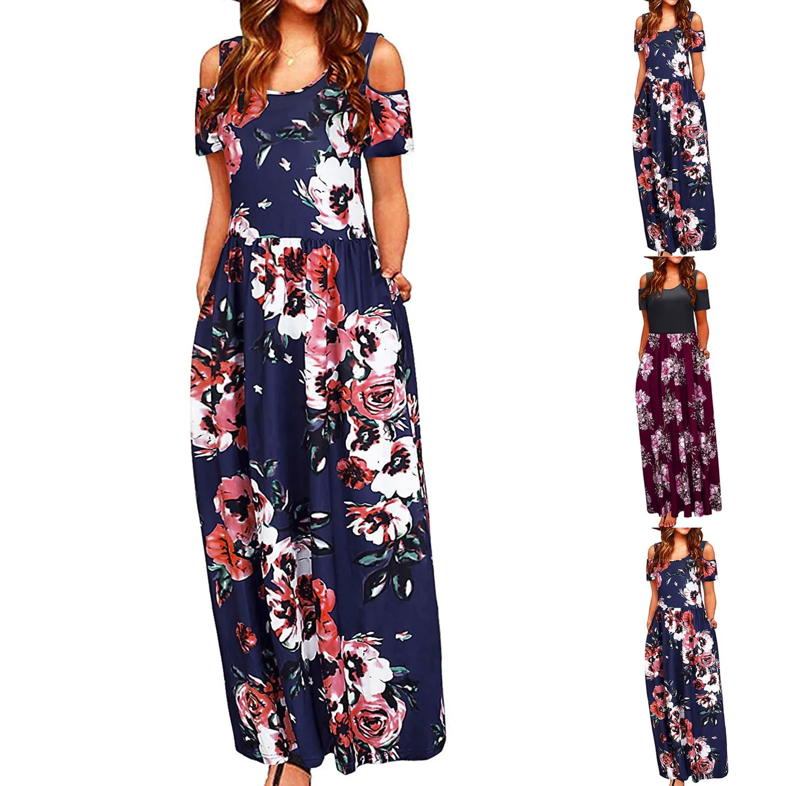 

Women's Cold Shoulder Pocket Long Dress Floral Print Elegant Maxi Short Sleeve Beach Party Sundress Ladies Casual Dress Female
