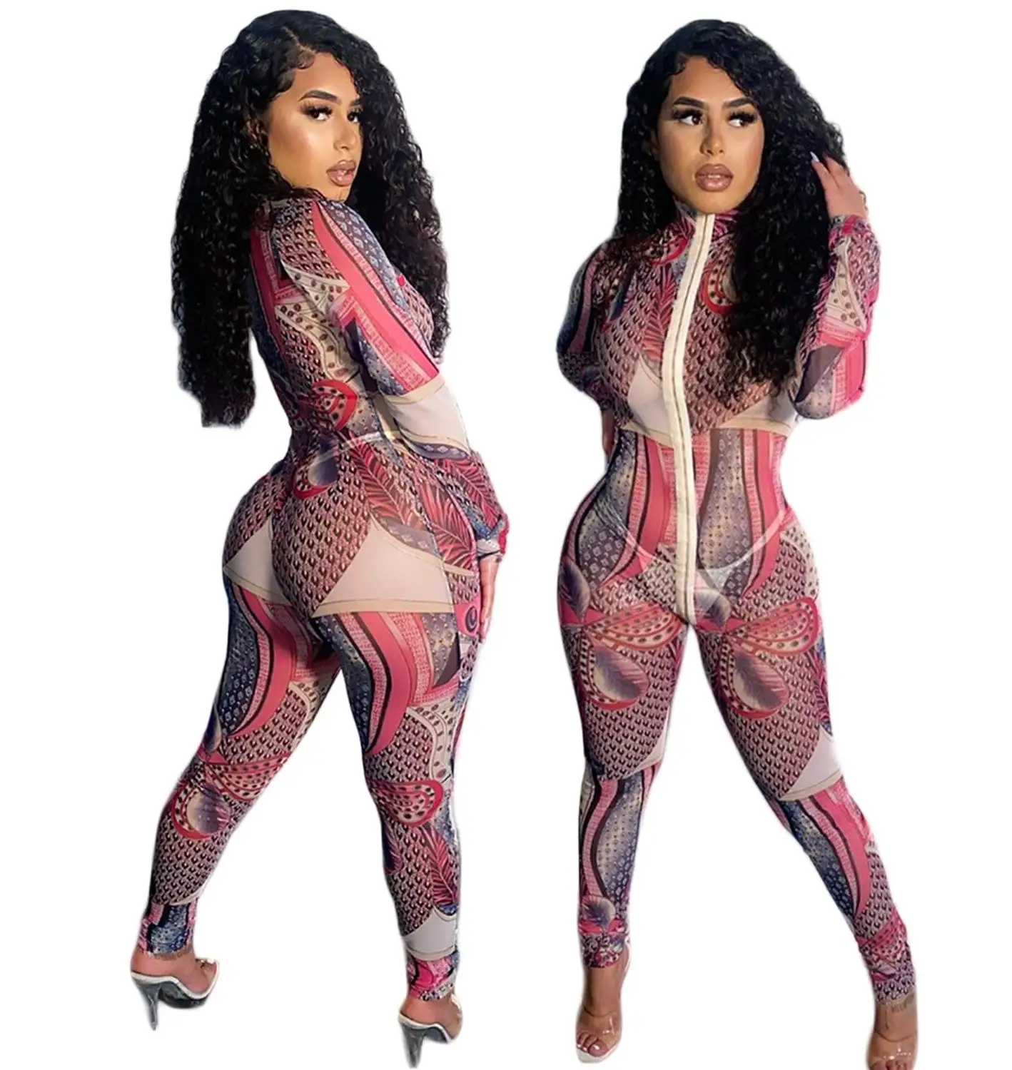 

Digital Printing Women Sexy Nightclub Wear Jumpsuits 2021 Spring New Female's See-through Zipper V-neck Long Sleeve Rompers