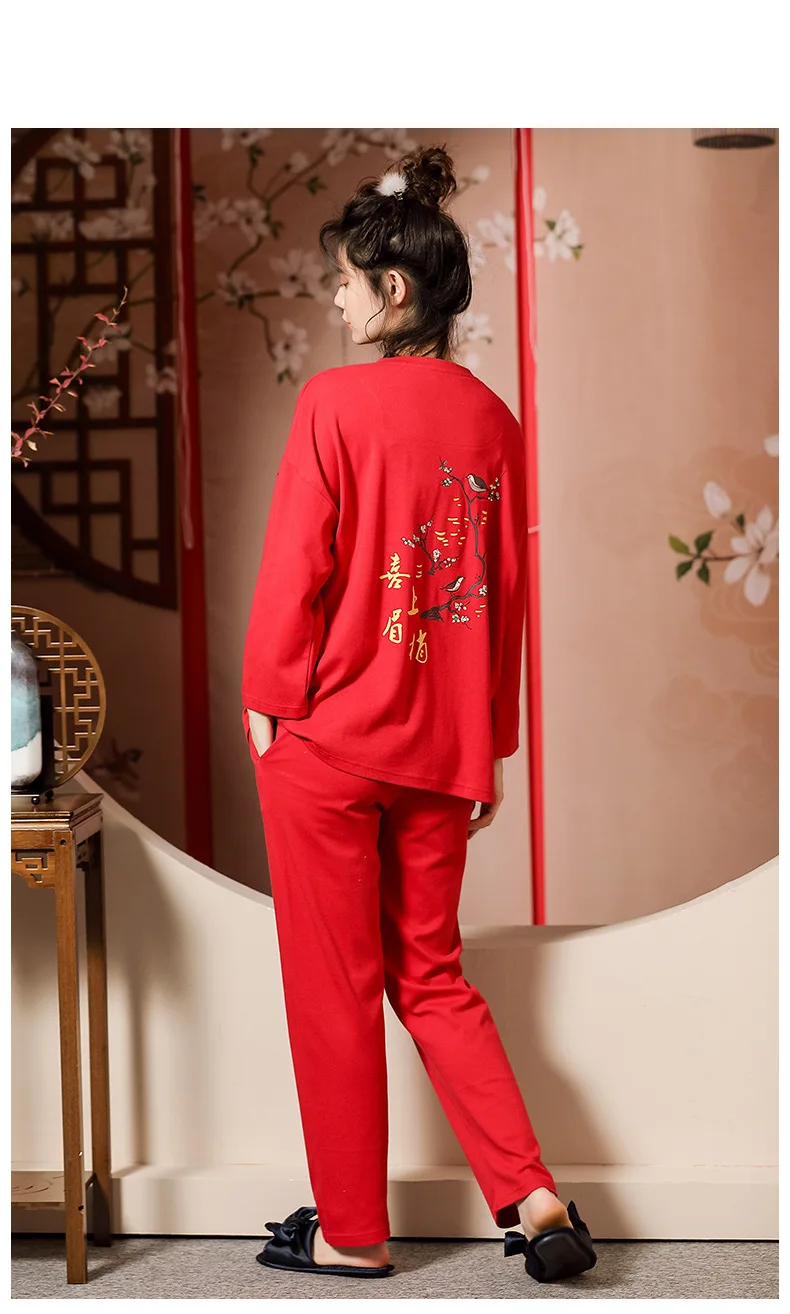 

2020 Autumn Pajamas Women's Pure Cotton Sleepwear Women Festive Chinese Style Home Clothes Two-piece Suit Women's Home Suit