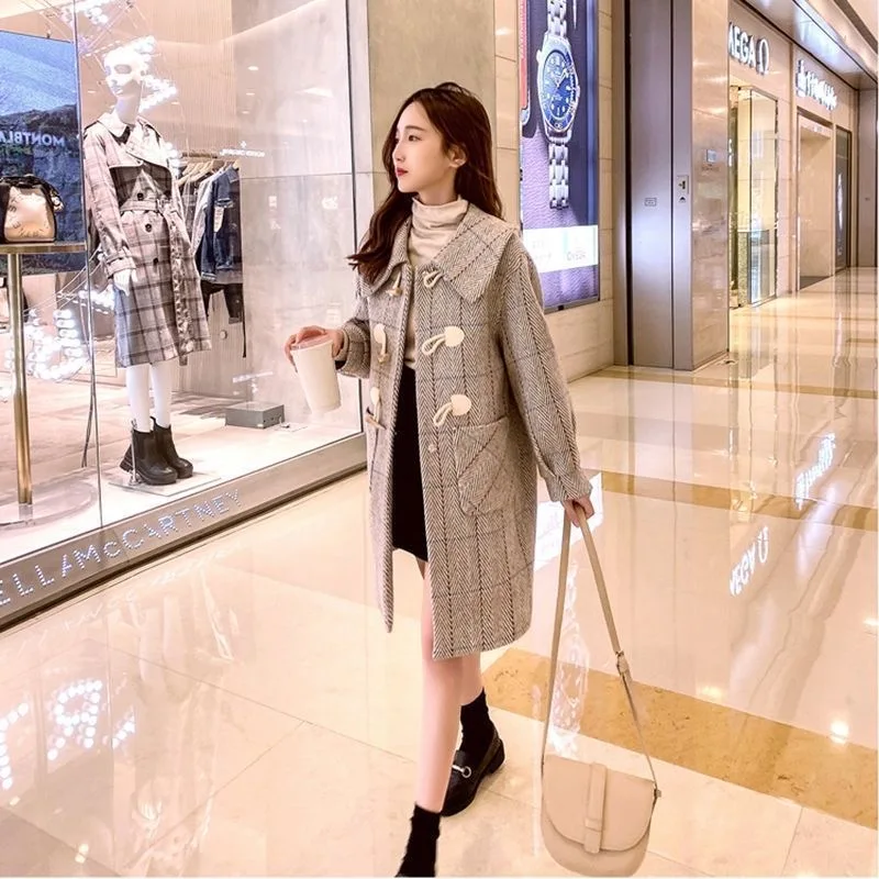 

Woolen Coat Women's Mid-Length Fashion Loose Korean Style Horn Buckle Autumn And Winter 2021 Woolen Coat Women All-Match Trend