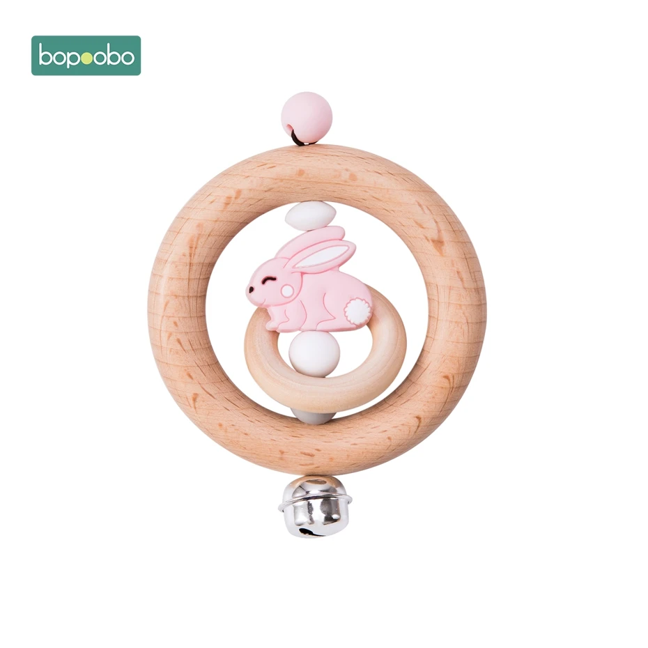 Rabbit Rattle Bopoobo 1 шт. детские игрушки из бука медведь рука прорезывание зубов деревянное кольцо можно жевать бусины играть в тренажерный зал Монтессори игрушки, погремушки для младенцев - Цвет: Rabbit Rattle