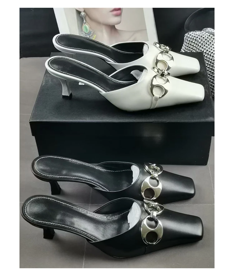 

Black High Heels 2021 Early Spring New Leather Niche Design Sense Square Toe Stiletto Metal Buckle Sandals Women Designer Shoes