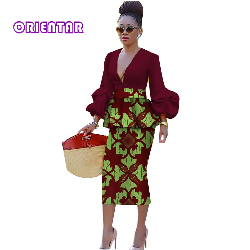 12 Женская африканская юбка с длинным рукавом, укороченный топ, африканская одежда с глубоким v-образным вырезом, топы с пышными рукавами, юбки-карандаш, африканские костюмы WY3923 - Цвет: 12