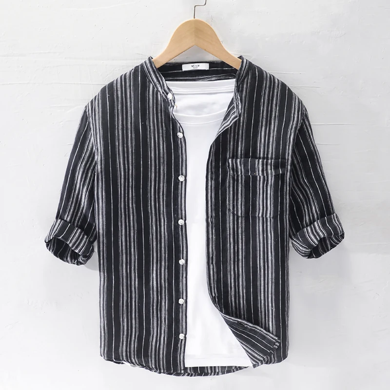 Полосатая рубашка из чистого льна с воротником-стойкой и рукавом 3/4 Мужская