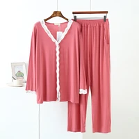 fashion ladies modal v neck lace pajamas two piece cardigan large size long sleeved loose home service women sexy
