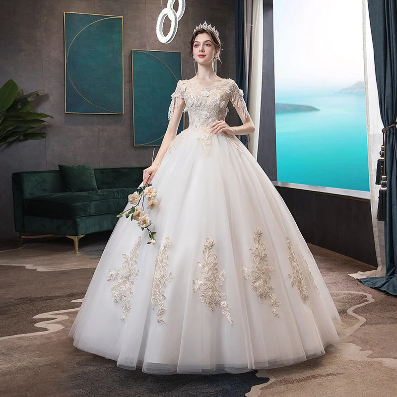 

French Wedding Dress New Nail Bead Mesh Lace Wedding Dress Sexy V-neck Slim Fit Ground Wedding Dress Off White Belt