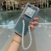 luxury square diamond stand holder with pearl bracelet hand chain case cover for samsung galaxy z flip 4g 5g 3 shockproof case