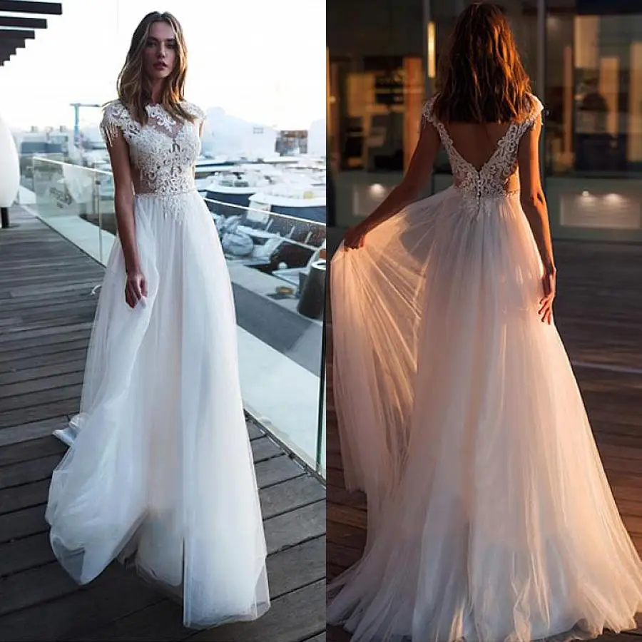 

robe de mariage Scoop Neck Plus Size Wedding Dress Boho 2020 Floor Length Tulle Lace Bridal Gowns A Line Weddings Gowns