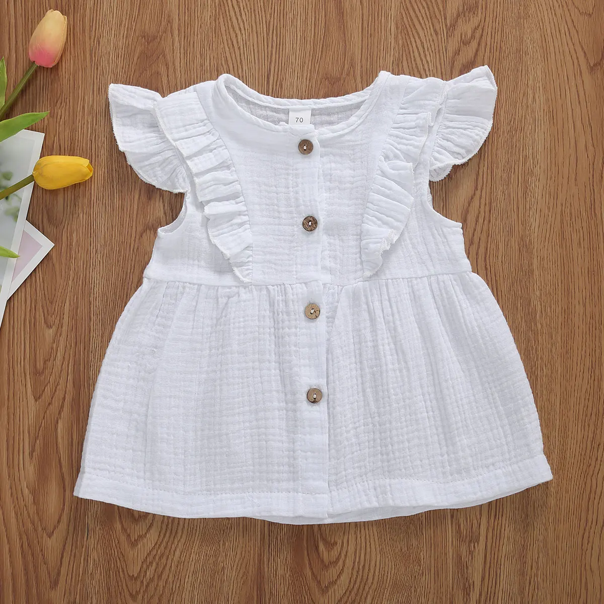 0-3Y Summer Cute Infant Baby Girls Mini Dress 4 Colors Solid Button Ruffles Sleeve A-Line Holiday Outfits | Детская одежда и обувь