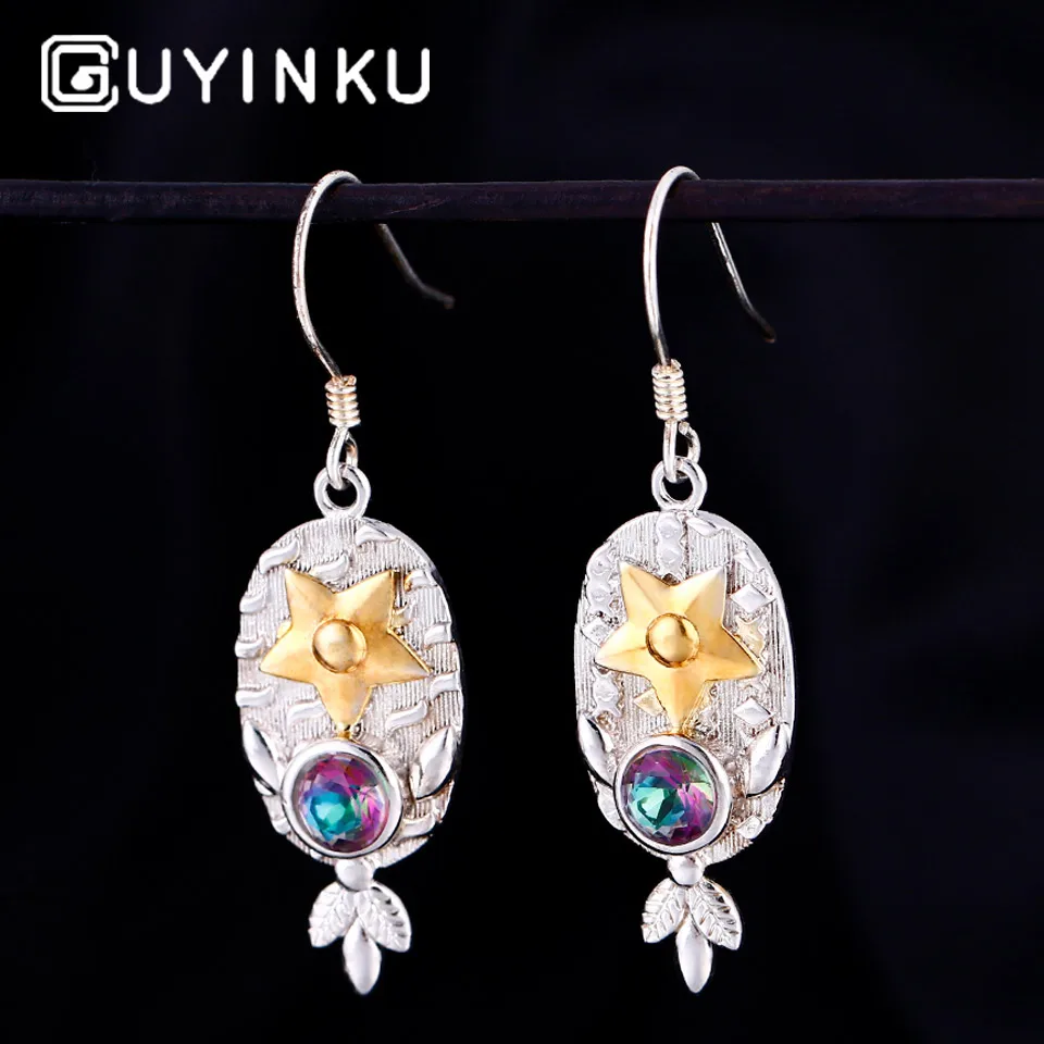 Женские серьги капли GUYINKU двухцветные серебряные с мистическим топазом Радуга
