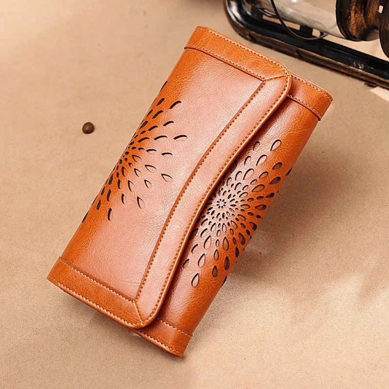 

Vintage Pattern Women Long Wallet Oil Cow Leather Purse Carteira Masculina Note Compartment Card Holder Office Ladies Wallets