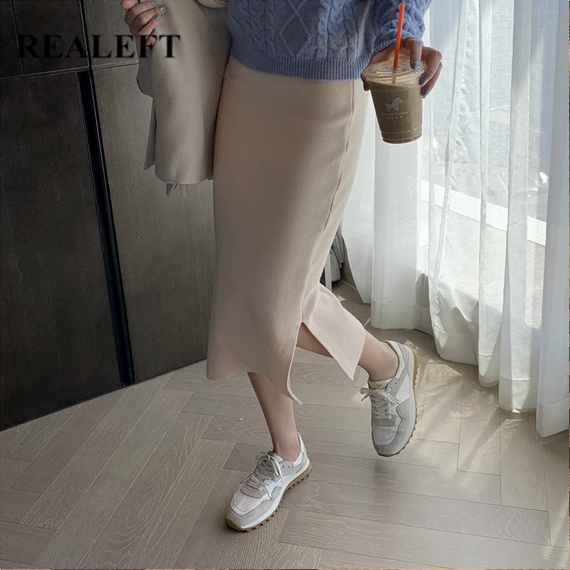REALEFT Новинка 2020 осень зима шикарные вязаные юбки с запахом Высокая талия