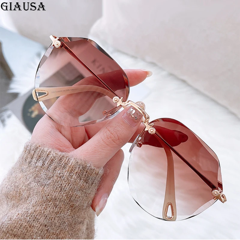 

2021 Rimless Sunglasses Women Brown Fashion Glasses Vogue Vasos Decorativos Moda Mujer Lunette De Soleil Femme Zonnebril Dames