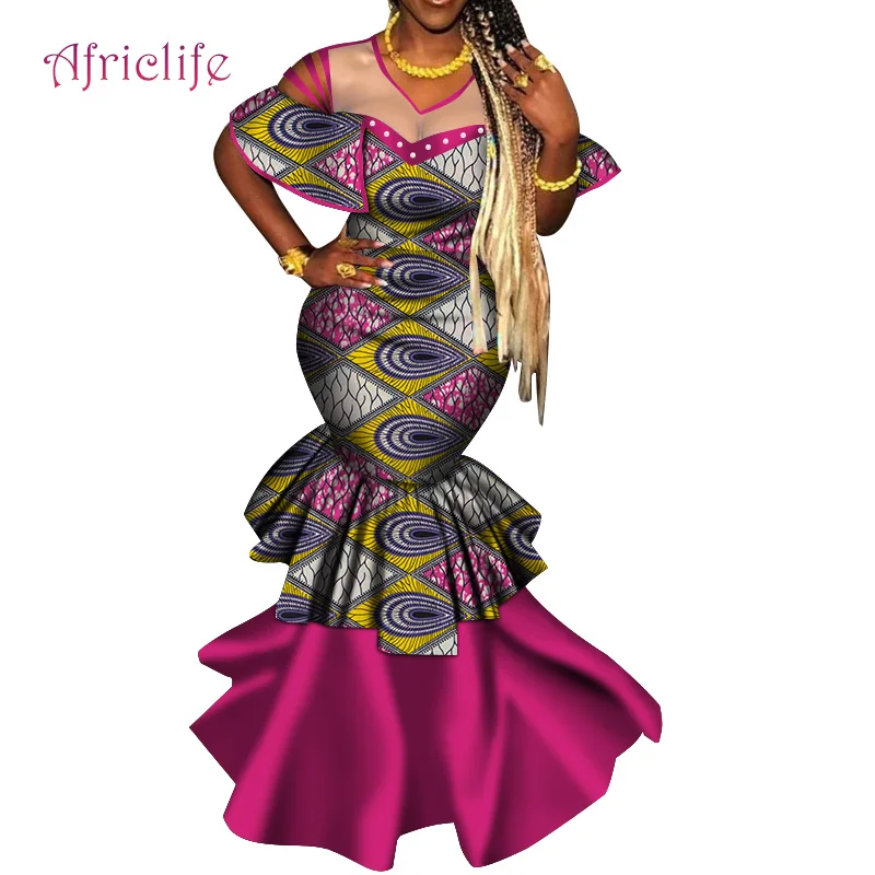 Clothes with Pearls for women Special Chiffon Patchawork African Models Clothing Pleated Skirt Long Printed Ladies Dress WY4872