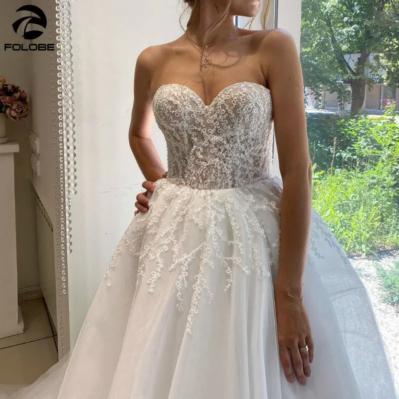 

Elegant Wedding Dresses Sweetheart Off Shoulder Lace Beaded A-Line Backless Sweep Train Tulle Bridal Gown Tube vestidos de novia