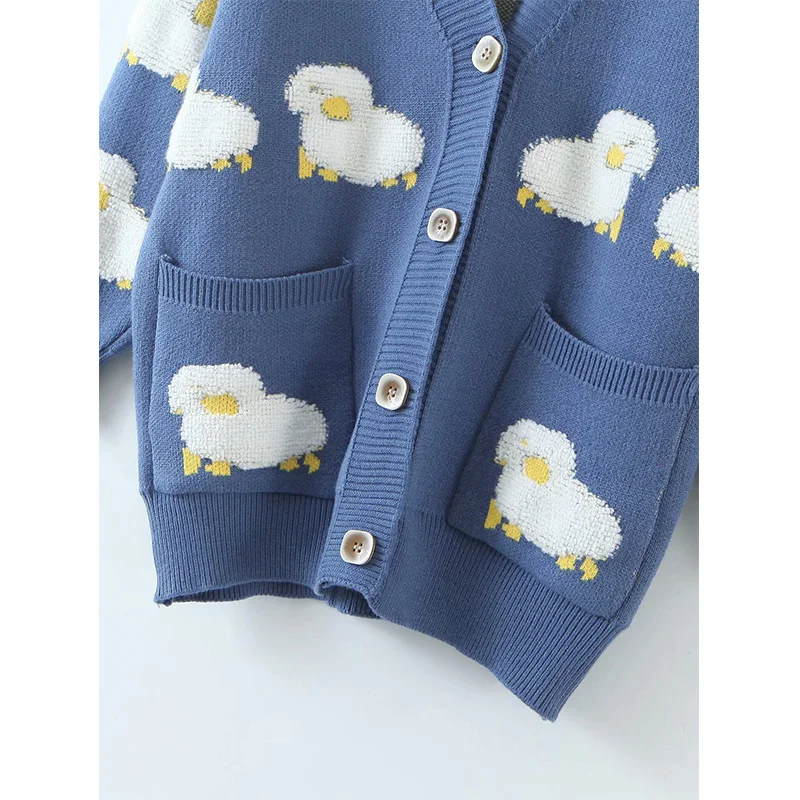 

2020 New women Knit Cardigan cartoon Jacquard button V-neck long sleeve Knitted top female fashion casual women clothes
