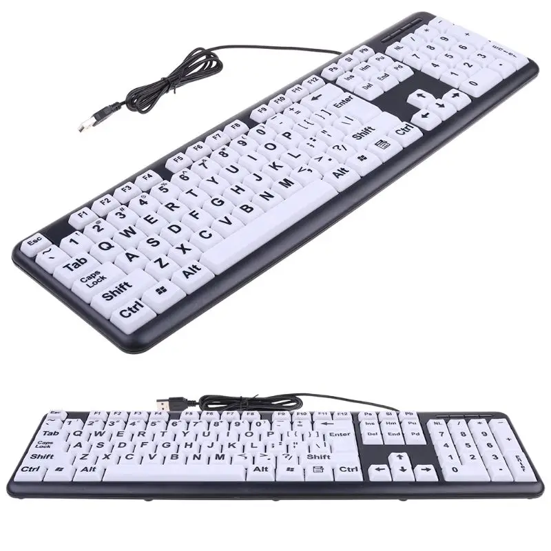 

USB Wired PC Computer Game Gaming Keyboard High Contrast Large Print White Keys Black Letter for Old People Elderly Men